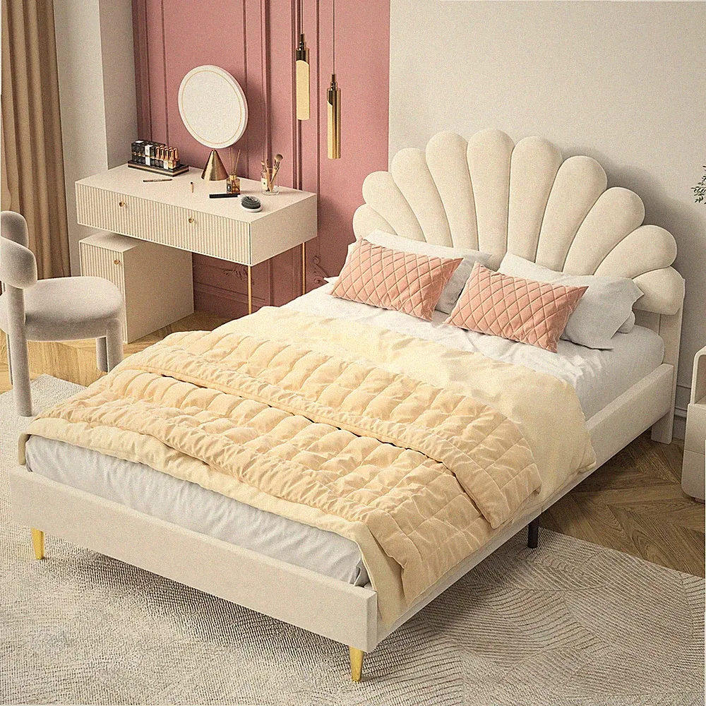 Doppelbett 140 x 200 cm Polsterbett Mädchen Bett Kinderbett Blumenform Kopfteil
