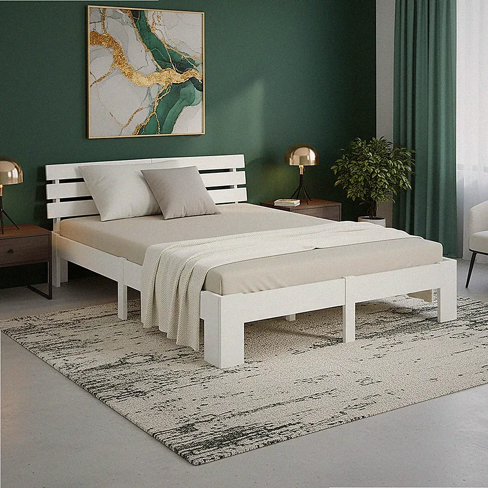 Doppelbett 140x200 aus Massivholz Weiß mit Lattenrost – Holzbett Homestyle4u
