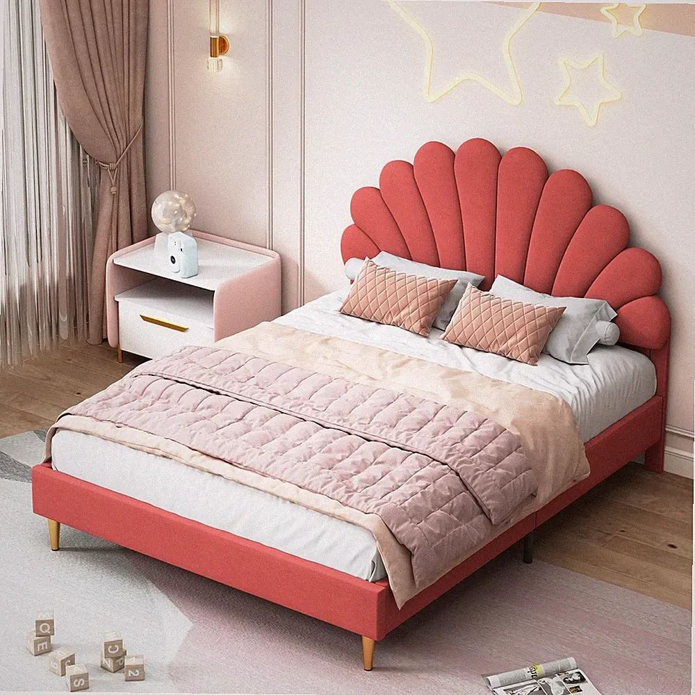 Doppelbett 140x200 cm Polsterbett Bettgestell mit Blütenkopfteil Lattenrost Samt