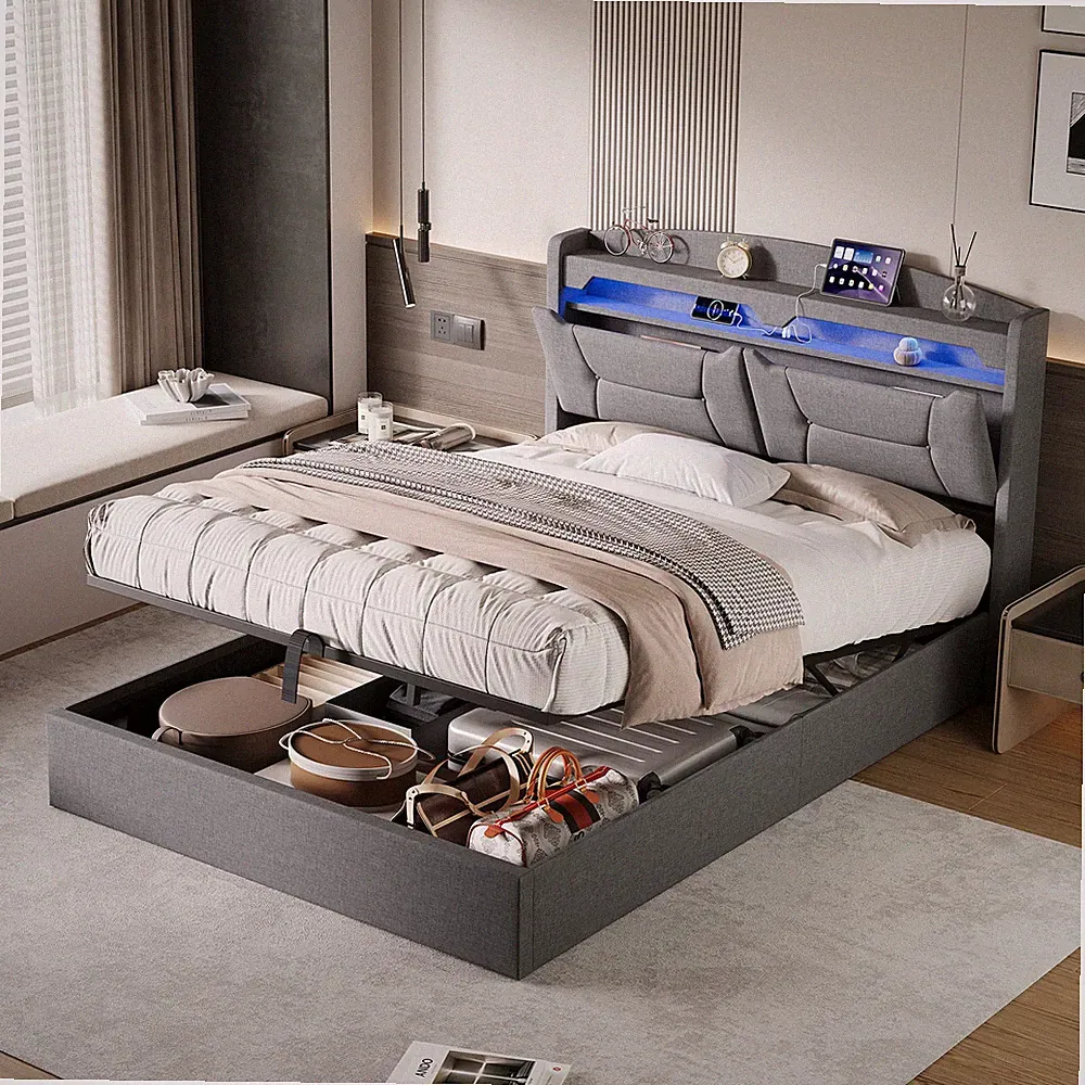 Doppelbett 140x200 cm Polsterbett Boxspringbett Mit LED/USB,Lattenrost,Stauraum