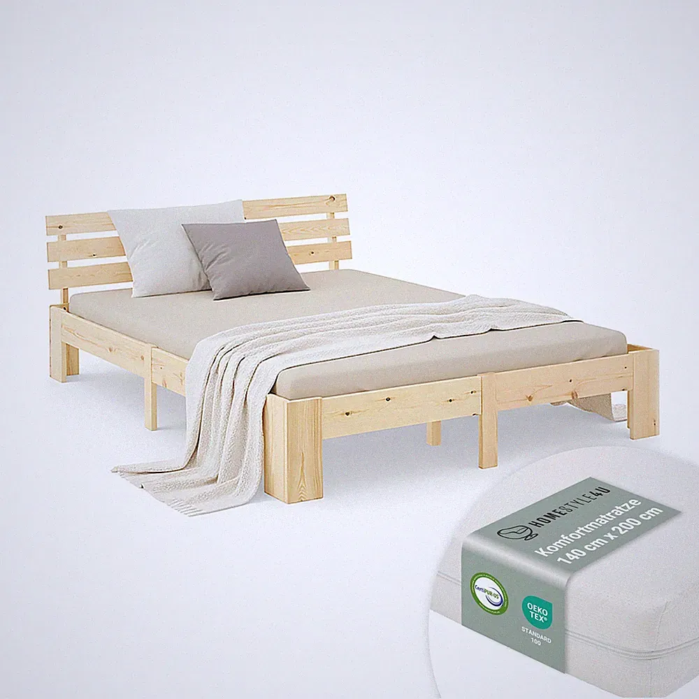 Doppelbett 140x200 Matratze Holzbett Massiv mit Lattenrost Futonbett Homestyle4u