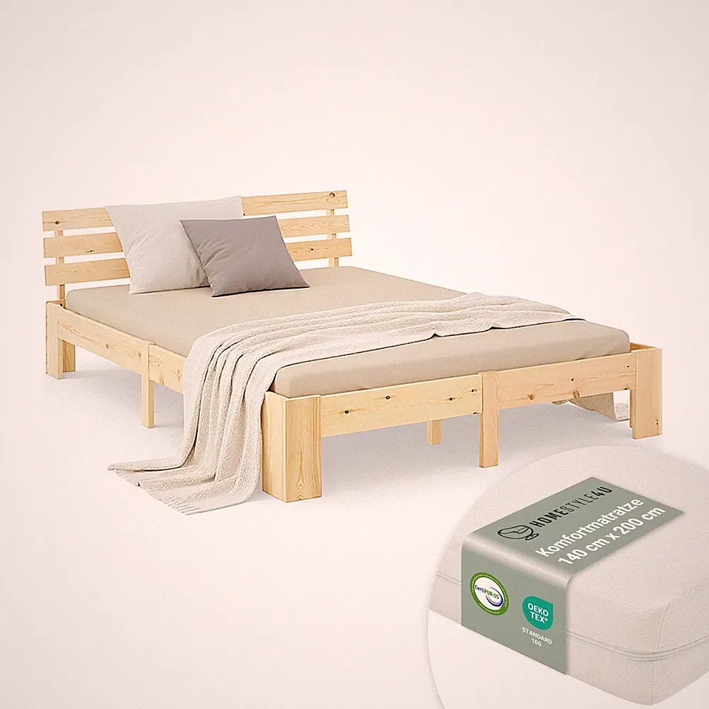 Doppelbett 140x200 Matratze Holzbett Massiv mit Lattenrost Futonbett Homestyle4u