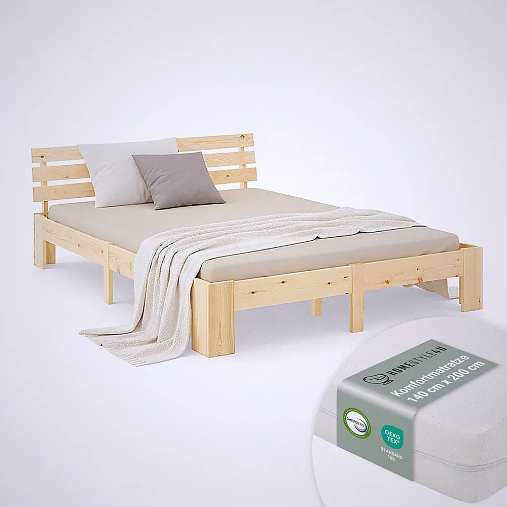 Doppelbett 140x200 Matratze Holzbett Massiv mit Lattenrost Futonbett Homestyle4u