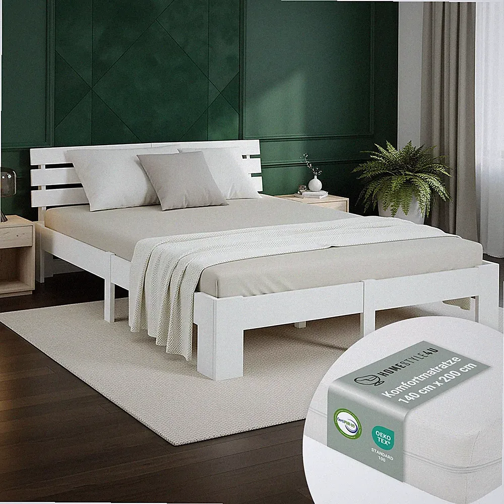 Doppelbett 140x200 Weiß mit Matratze & Lattenrost – Massivholzbett Homestyle4u