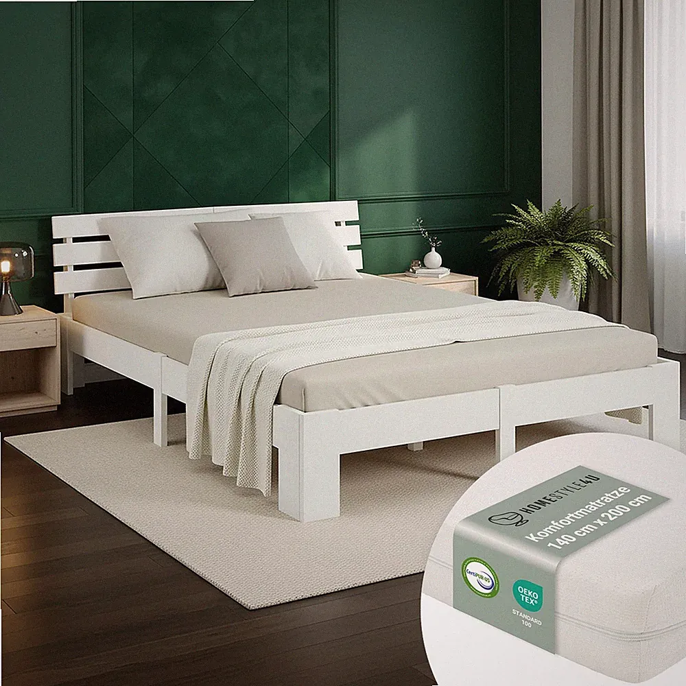 Doppelbett 140x200 Weiß mit Matratze & Lattenrost – Massivholzbett Homestyle4u