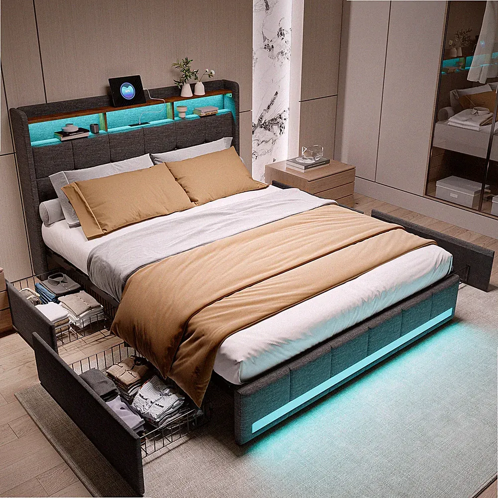 Doppelbett 140x200cm Polsterbett mit Stauraum 4 Schubladen LED/USB Bettgestell