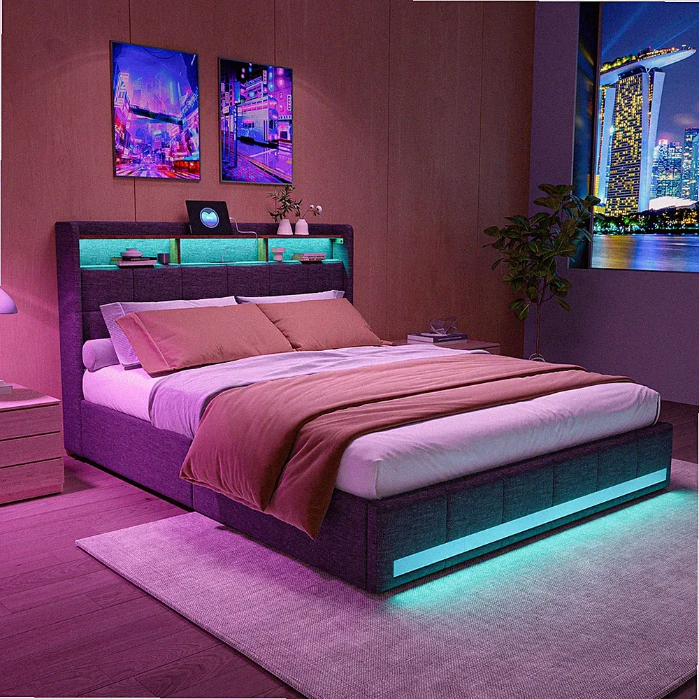 Doppelbett 140x200cm Polsterbett mit Stauraum 4 Schubladen LED&USB Kopfteil Grau