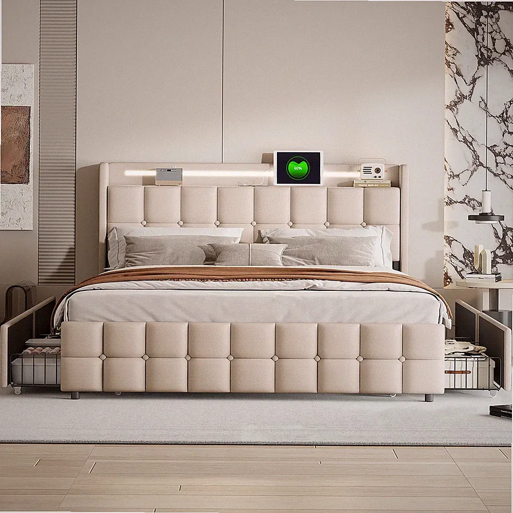 Doppelbett 160*200 cm Polsterbett LED Bettgestell Bett mit Stauraum Lattenrost