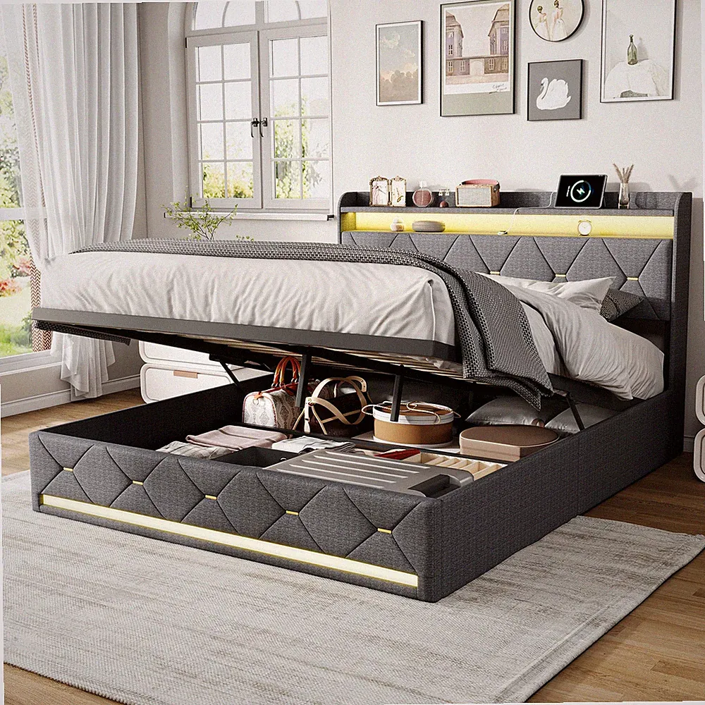 Doppelbett 160x200 cm Polsterbett Stauraum Bettgestell mit Lattenrost aus Holz