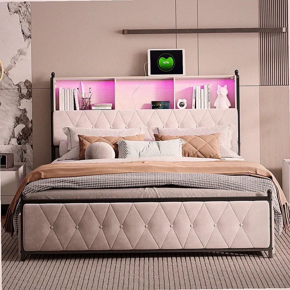 Doppelbett 160x200 mit LED USB, Polsterbett mit Stauraum Bettgestell Lattenrost.