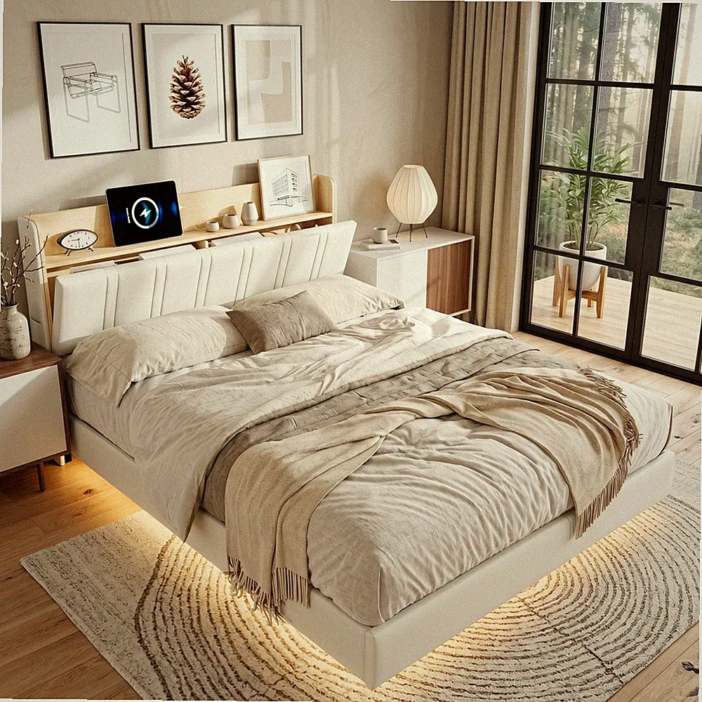Doppelbett 160x200cm Bettgestell Polsterbett mit LED Jugendbett mit Lattenrost.