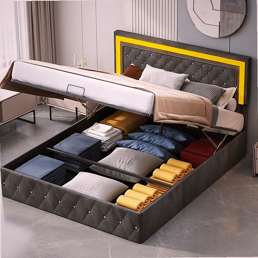 Doppelbett 160x200cm Stauraumbett-mit LED Hydraulisch mit Kopfteil Lattenrost