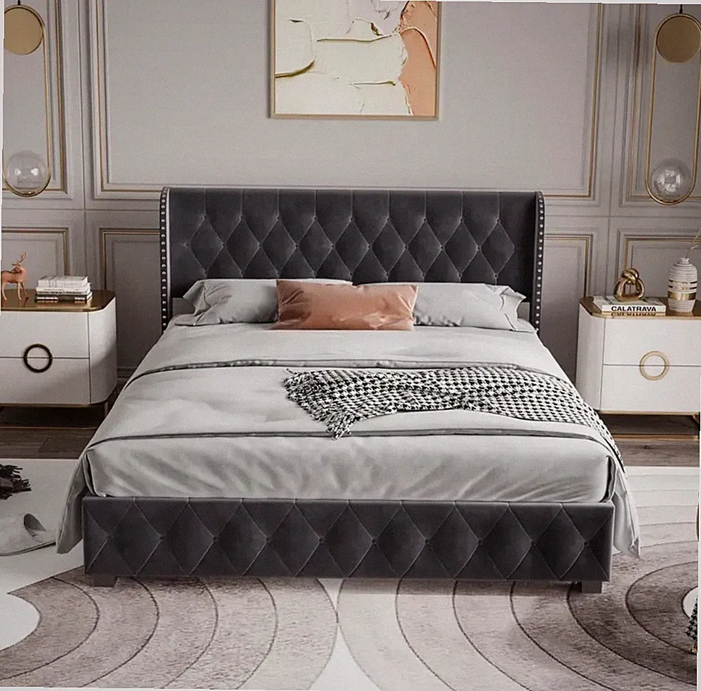 Doppelbett 180x200 mit Samtstoffbezug, Lattenrost, Bettkasten und Ohne Matratze.
