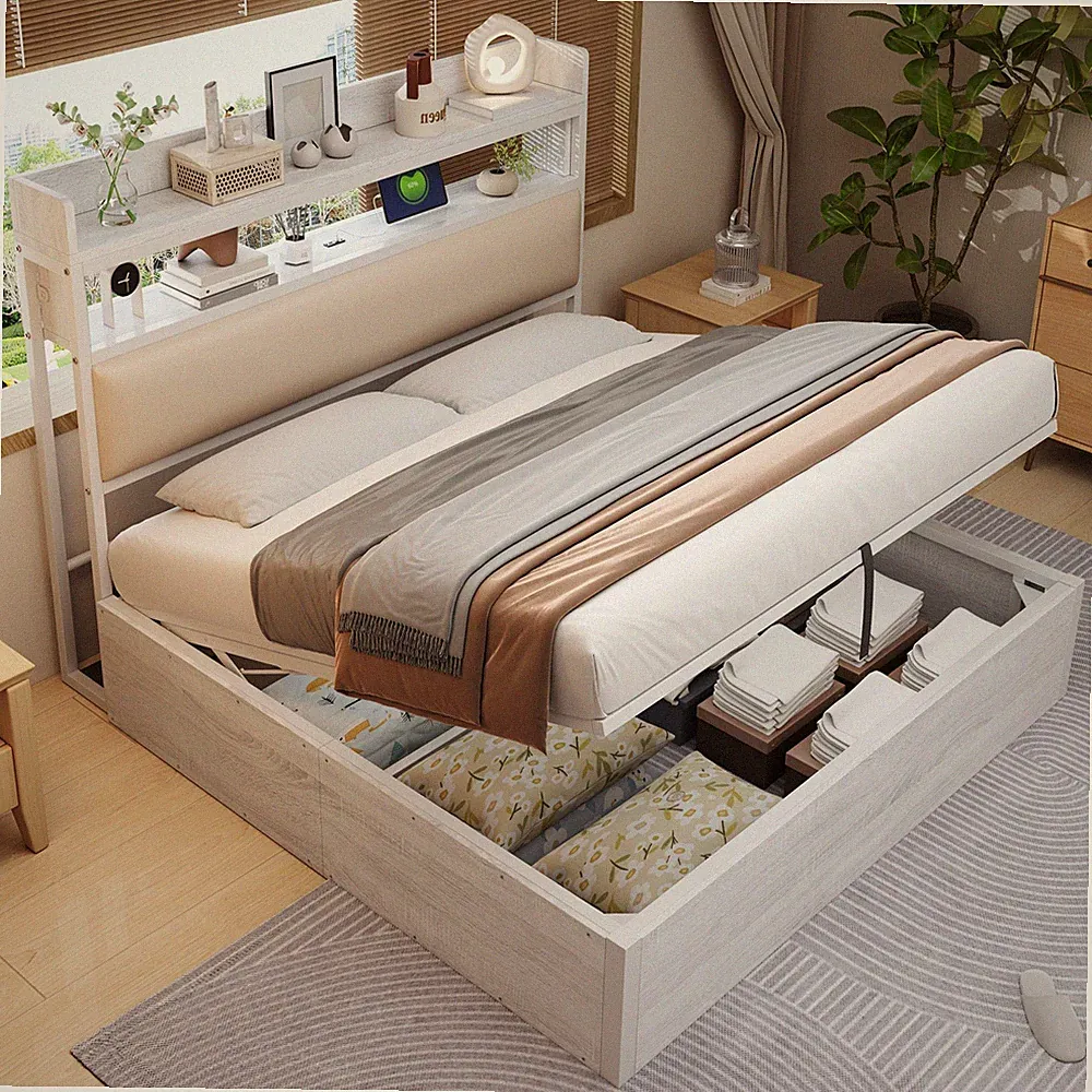 Doppelbett 180x200 Weiß mit Hydraulik, USB, Vintage Design und Stauraum