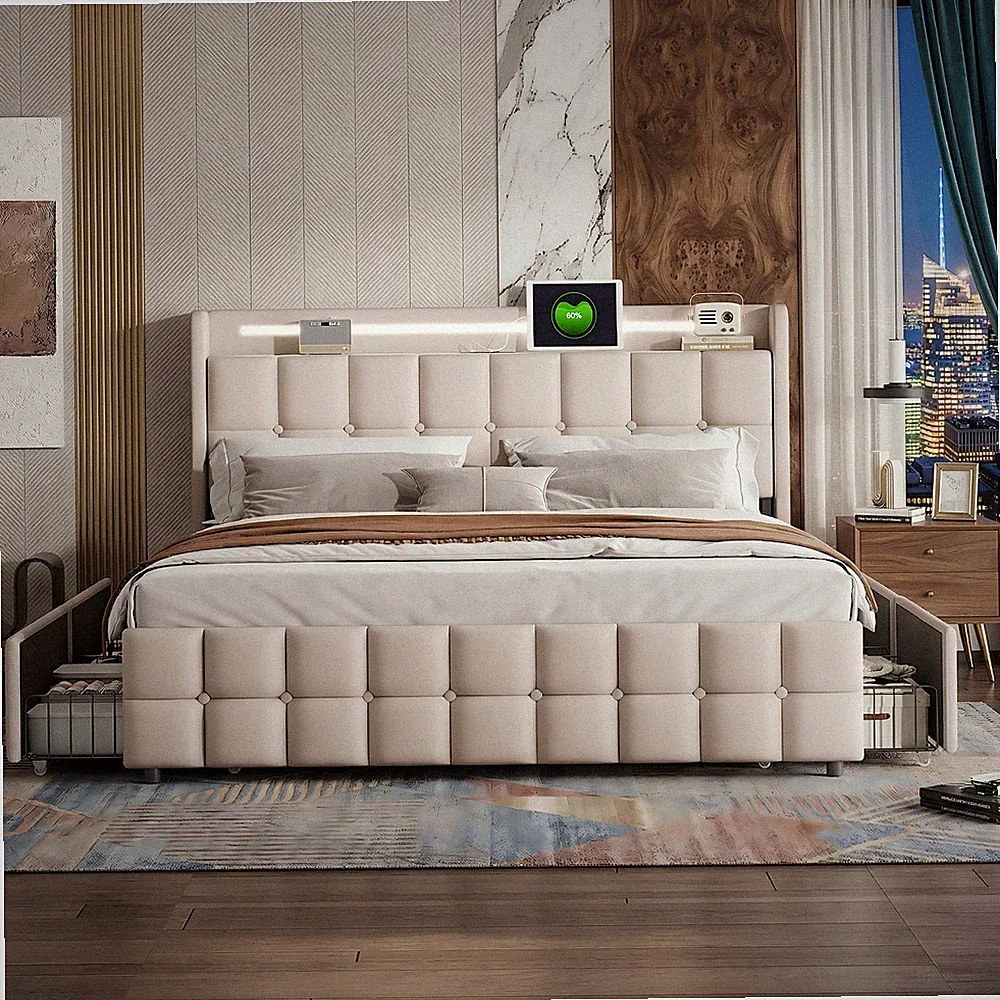 Doppelbett 180x200cm Stauraumbett Polsterbett Bettgestell Lattenrost mit LED USB