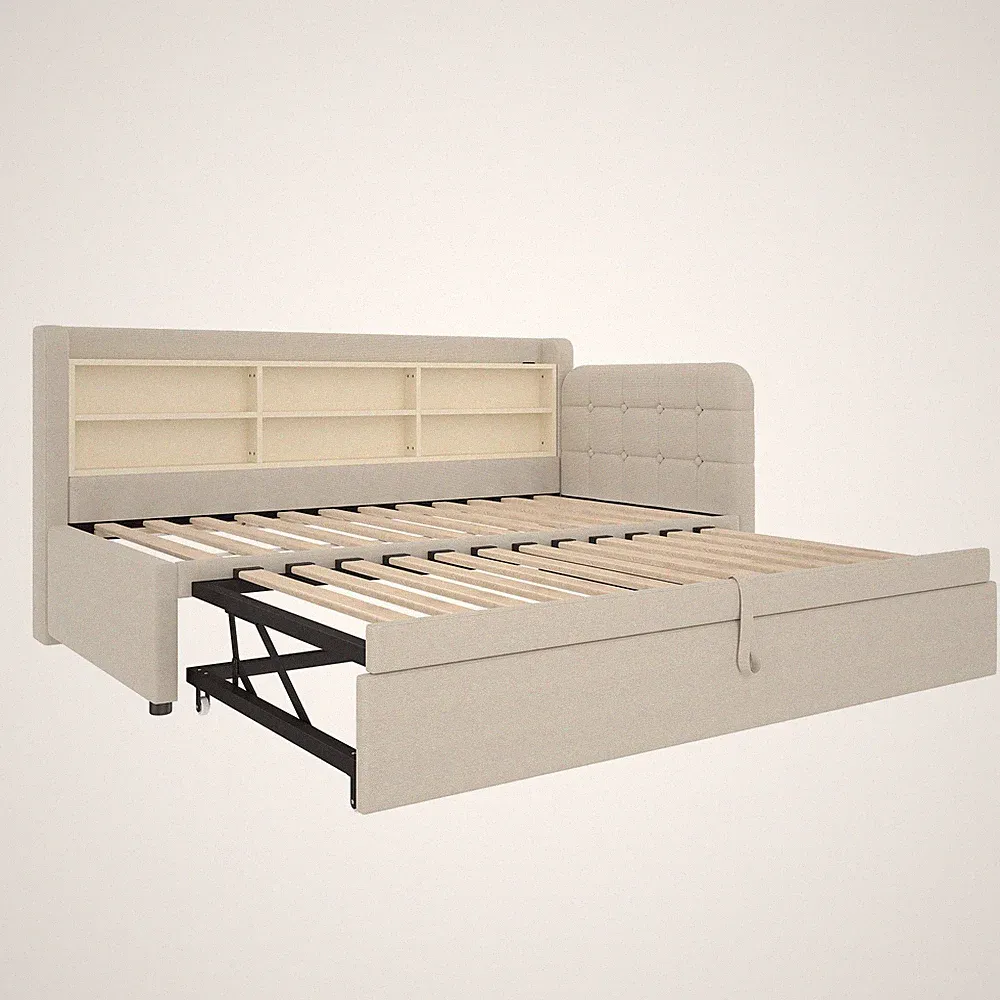 Doppelbett Beige 90x200 cm mit USB & Stauraum SONNENH