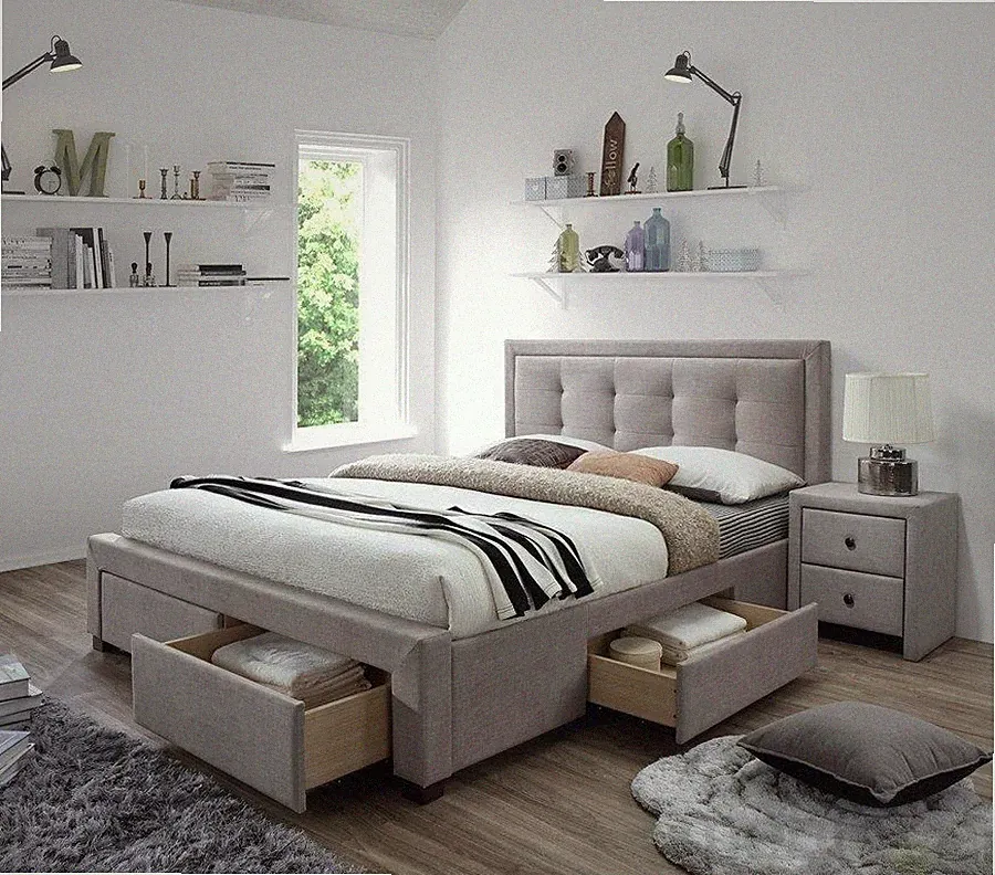 Doppelbett Bettgestell Liegefl. 160x200 Beige+Kopfteil scandinavian 4 Schubladen