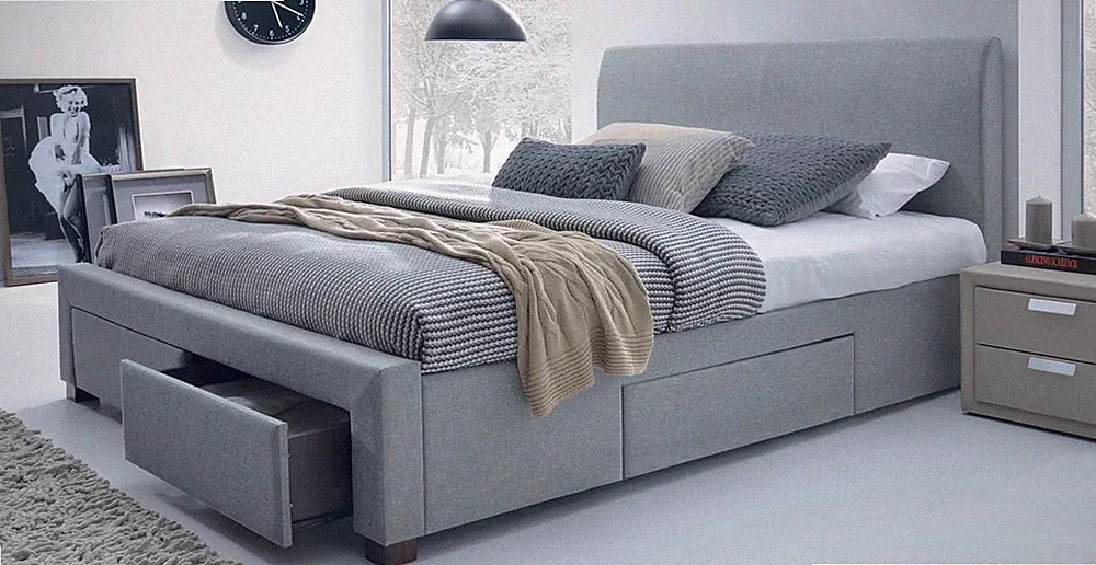 Doppelbett Bettgestell Liegefl. 160x200 Grau+Kopfteil scandinavian 4 Schubladen