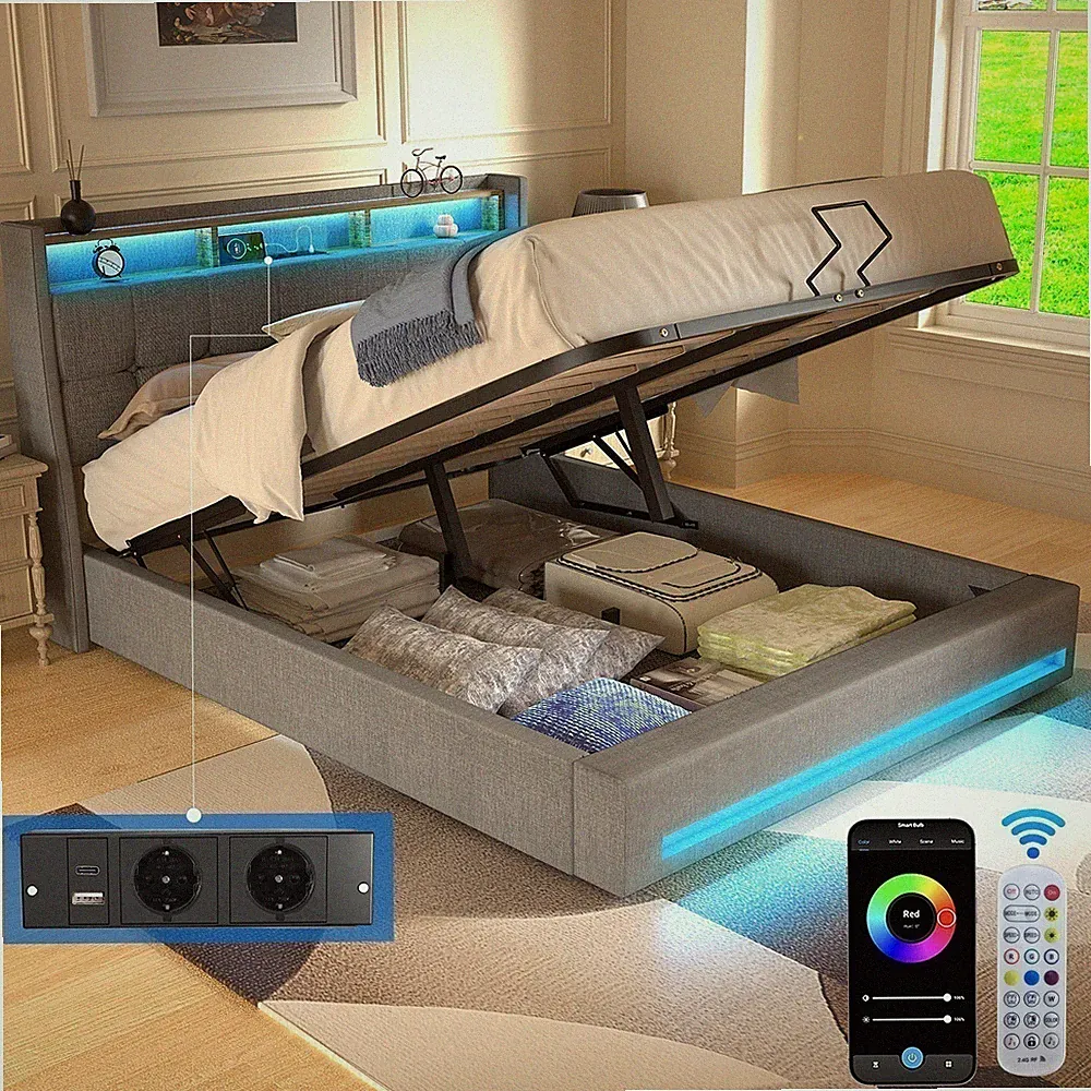 Doppelbett Einzelbetten Polsterbett Stauraumbett Bettgestell mit USB,Lichtband