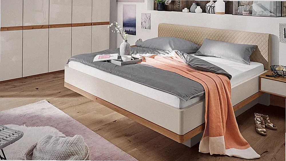 Doppelbett Futonbett Barcelona Bettgestell 180x200 Kopfpolster Creme Champagner