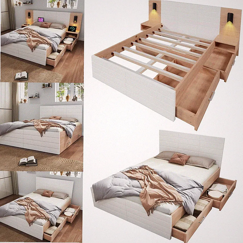 Doppelbett Holzbett Bettanlage mit Schubladen Bettgestell mit/ohne Nachtkommode