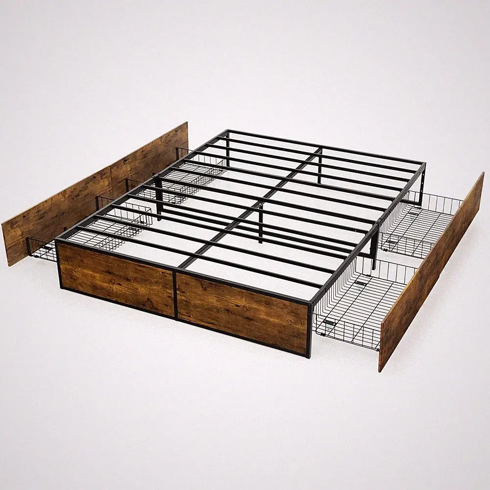 Doppelbett Metall Bettgestell mit 4 rollbaren Unterbett Schubladen - 190 x 135 x 33 cm