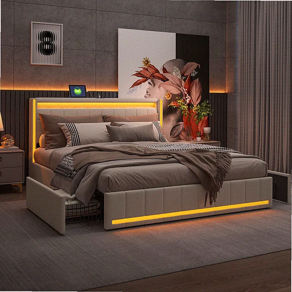 Doppelbett mit 4 Schubladen mit LED USB Stauraumbetten Polsterbett 180x200cm