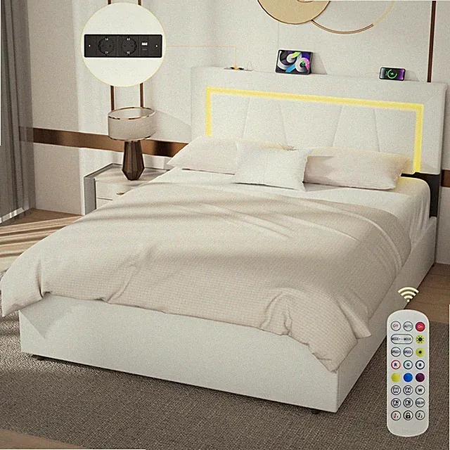 Doppelbett mit Lederbezug, Stauraum und Steckdosenleiste, 90/140/160×200cm