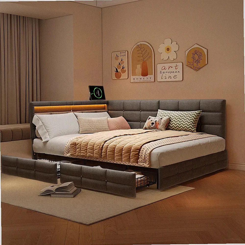 Doppelbett mit Stauraum,Polsterbett Schlafsofa, Jugendbett mit LED & USB 140x190