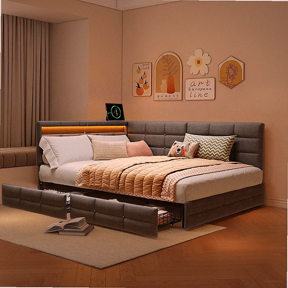 Doppelbett mit Stauraum,Polsterbett Schlafsofa, Jugendbett mit LED&USB 140x190cm