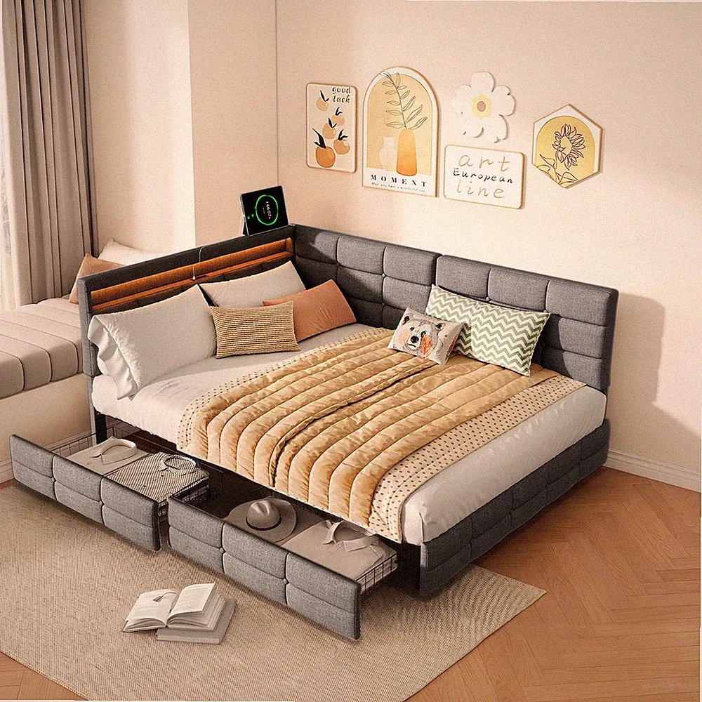 Doppelbett mit Stauraum,Polsterbett Schlafsofa, Jugendbett mit LED & USB 140x200