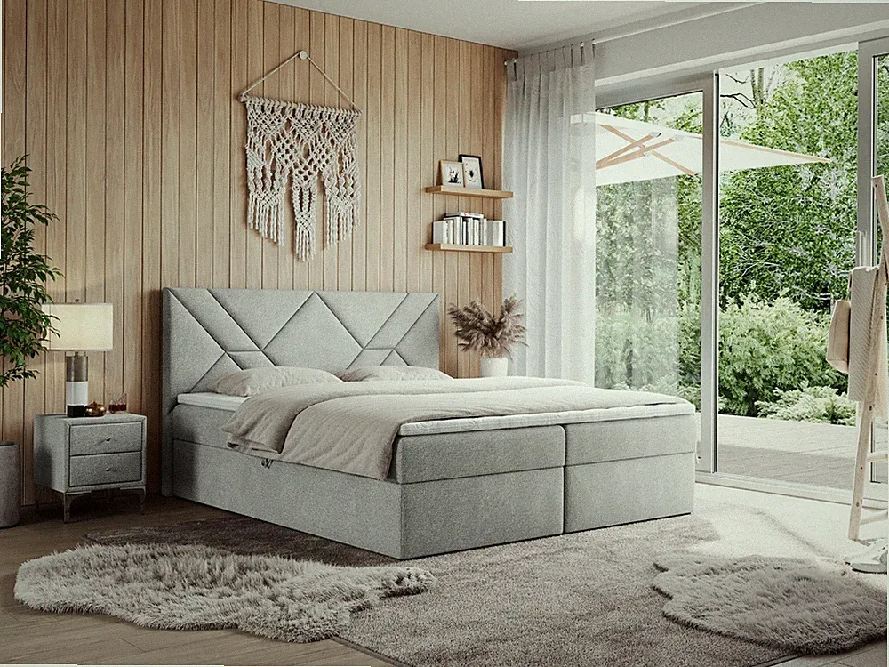 Doppelbett NEOMI, Boxspringbett mit Multipocket-Matratze, dekorativem Kopfteil
