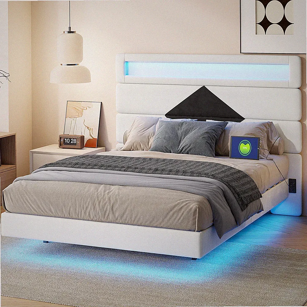 Doppelbett Polsterbett 140*190cm mit-LEDBeleuchtung,Schwebendes Bettgestell,Samt