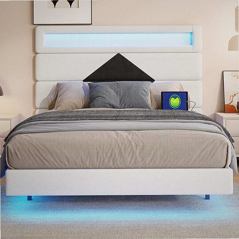Doppelbett Polsterbett 140*190cm mit LEDBeleuchtung,Schwebendes Bettgestell,Samt