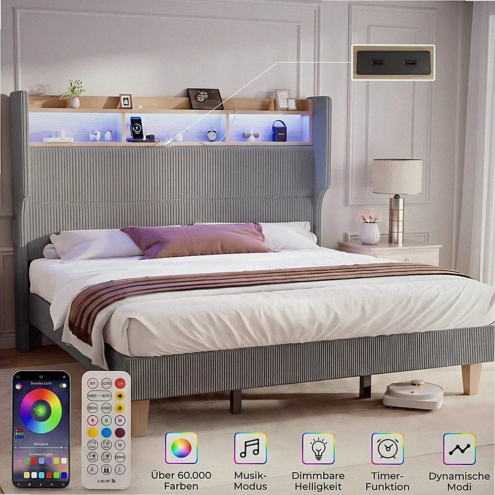 Doppelbett Polsterbett 140x200 160x200 mit Stauraum Lattenrost LED Bettgestell