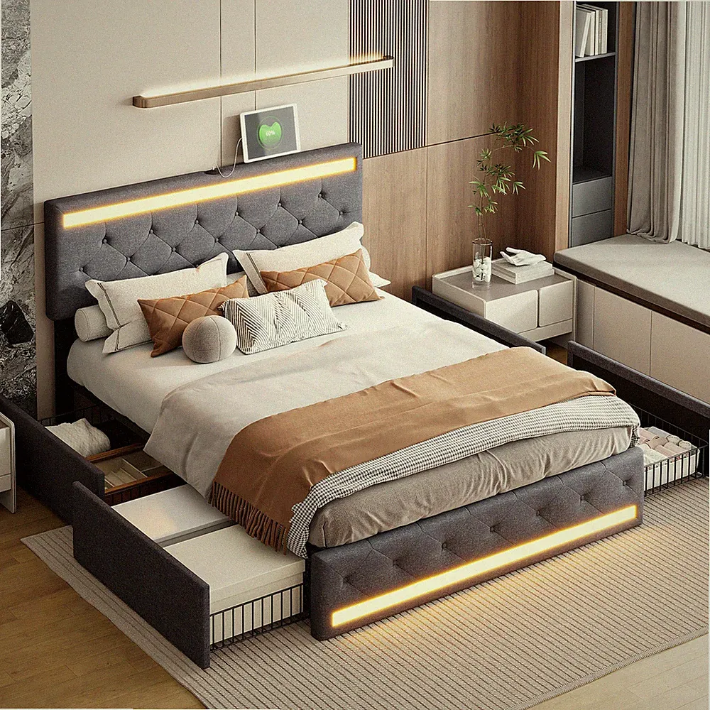 Doppelbett Polsterbett 140x200 cm mit 4 Schubladen Stauraumbetten mit LED USB