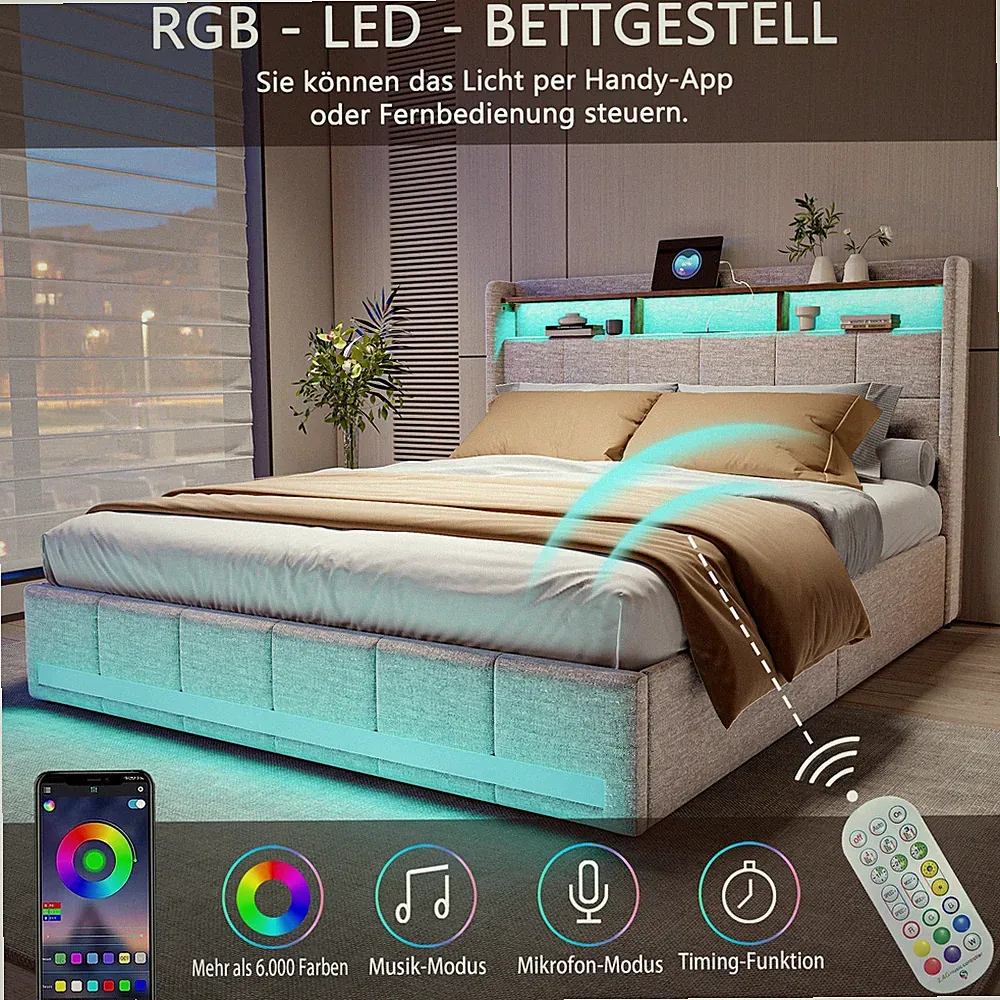Doppelbett Polsterbett 140x200 mit LED&USB 4 Schubladen Stauraum Boxspringbett