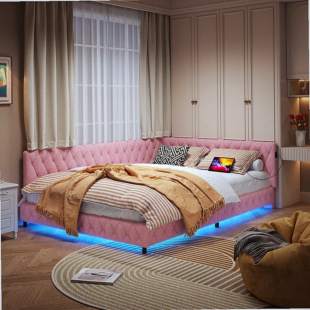Doppelbett Polsterbett 140x200 mit LED/USB,Bettgestell mit Lattenrost,Jugendbett