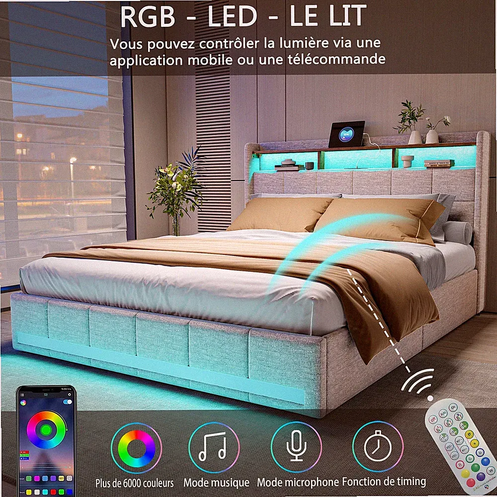 Doppelbett Polsterbett 140x200 Mit LED/USB Stauraum Bettgestell mit Lattenrost