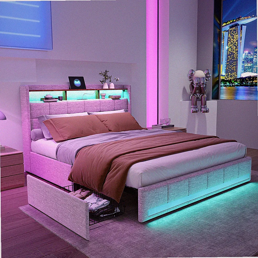 Doppelbett Polsterbett 140x200cm mit LED&USB 4 Schubladen Stauraum Boxspringbett