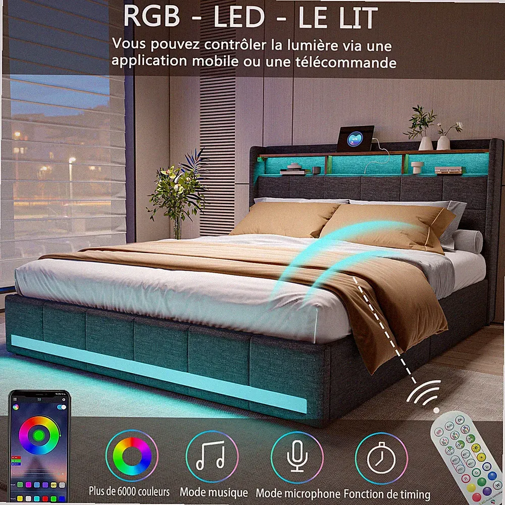 Doppelbett Polsterbett 140x200cm mit LED/USB,Stauraum-Bettgestell mit Lattenrost