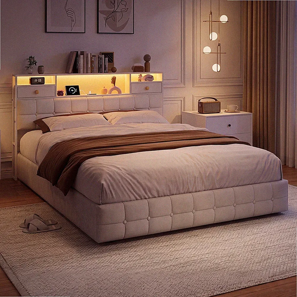 Doppelbett Polsterbett 160x200cm mit LED USB Stauraum Bettgestell mit Lattenrost