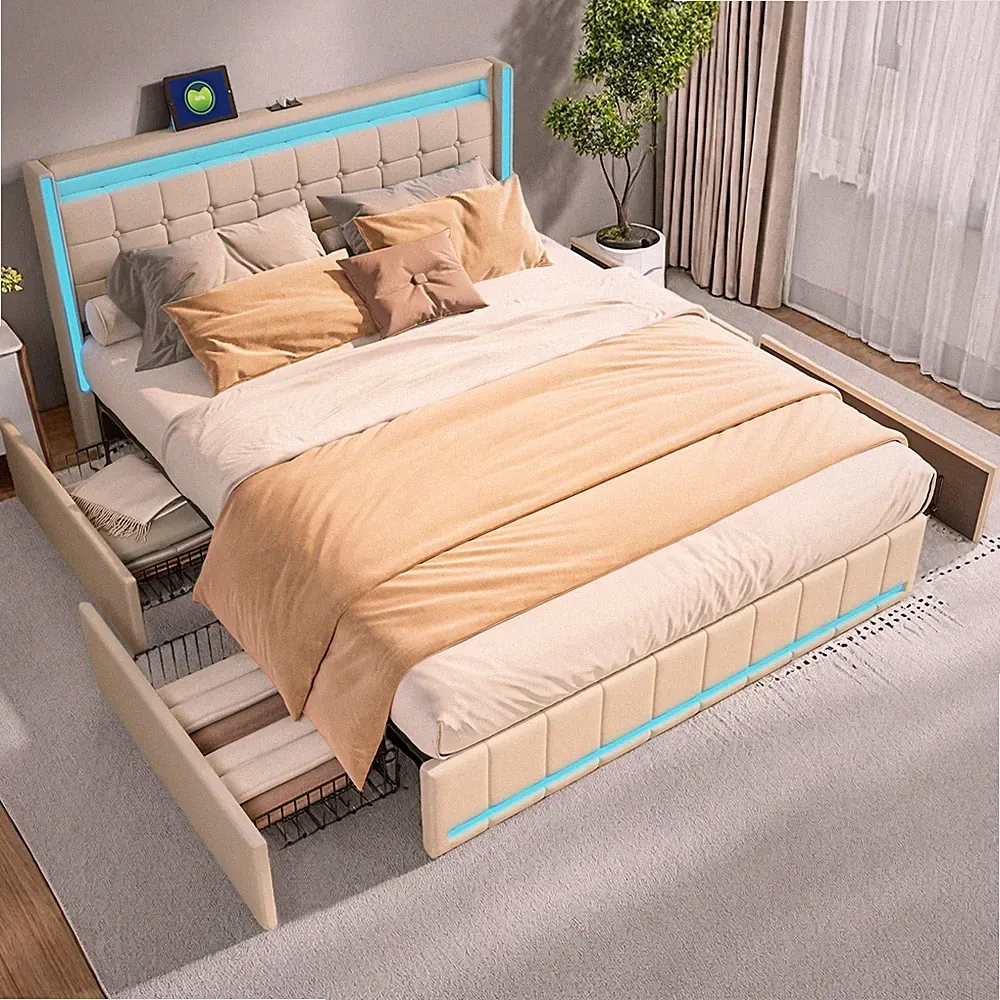 Doppelbett Polsterbett 180x200 cm mit：4 Schubladen mit LED&USB Stauraumbetten