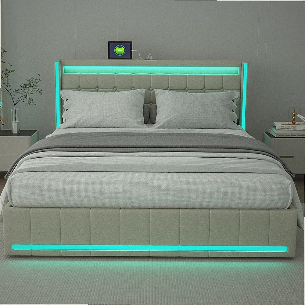 Doppelbett Polsterbett 180x200 cm mit 4 Schubladen mit LED&USB Stauraumbetten