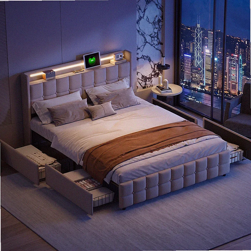 Doppelbett Polsterbett 180x200 cm mit LED/USB Bettkasten Schubladen Stauraumbett
