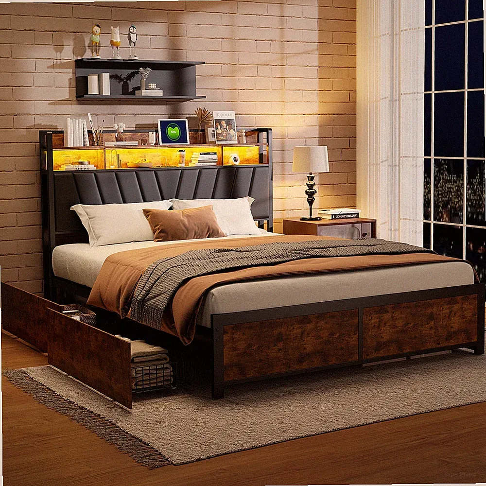 Doppelbett Polsterbett 180x200 cm mit Stauraum-Kopfteil,mit LED & USB Lattenrost