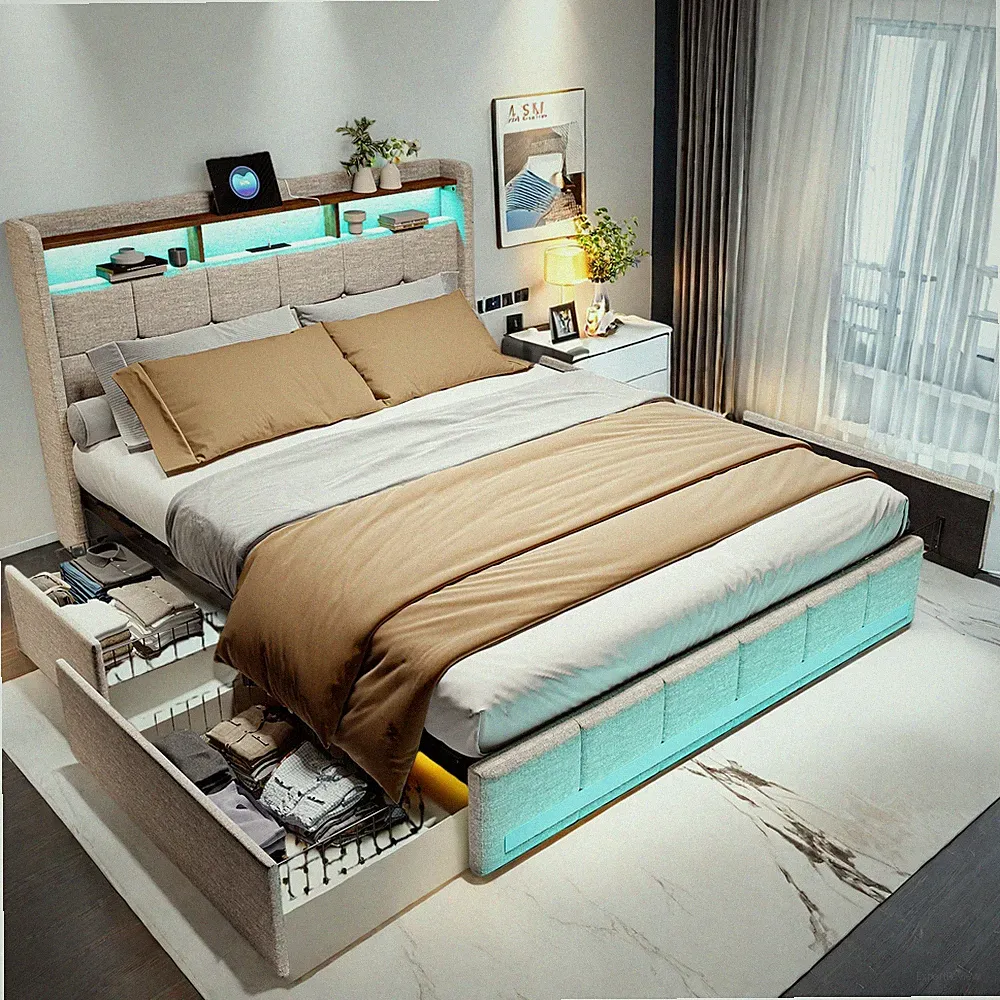 Doppelbett Polsterbett 180x200 Mit LED/USB Stauraum Bettgestell mit Lattenrost