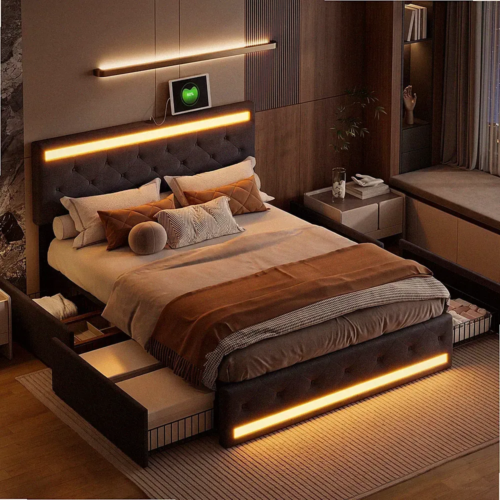 Doppelbett Polsterbett 180x200 mit Stauraum mit 4 Schubladen LED USB Lattenrost