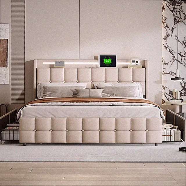 Doppelbett Polsterbett 180x200cm Schubladen Bettkasten mit LED&USB Stauraumbett