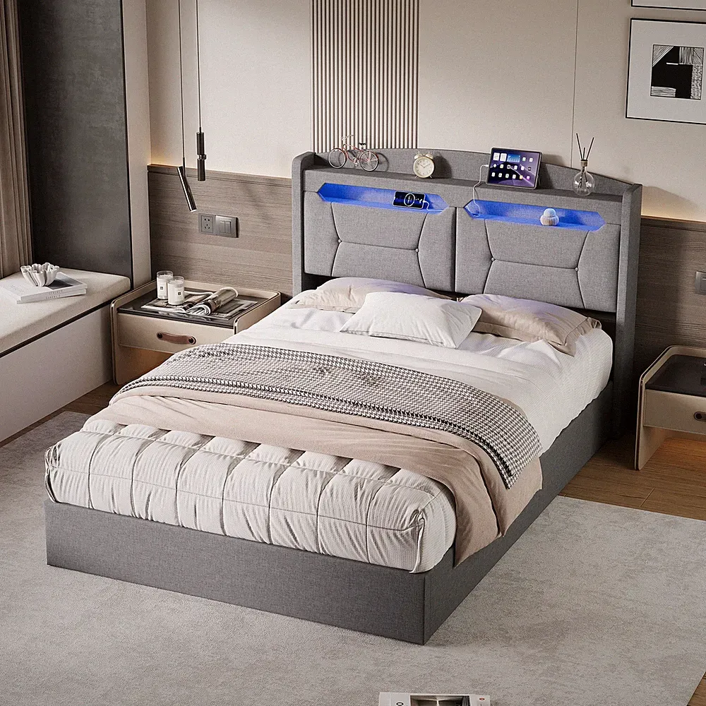 Doppelbett Polsterbett Bettgestell 140 × 190 cm Mit Stauraum LED&USB Lattenrost